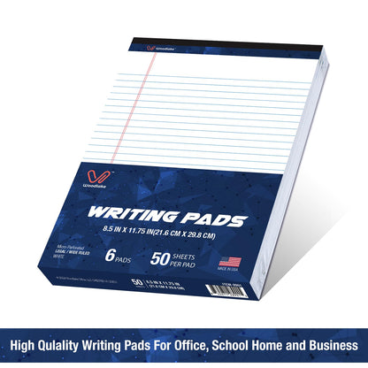 Woodlake Legal Pads 8.5 x 11, 6 Pack, Wide Ruled, Premium White Paper Pad No Ink Bleed, Micro‑Perforated, Sturdy Chipboard Back, 50 Sheets/Pad,for School, Office & Home, Made in USA