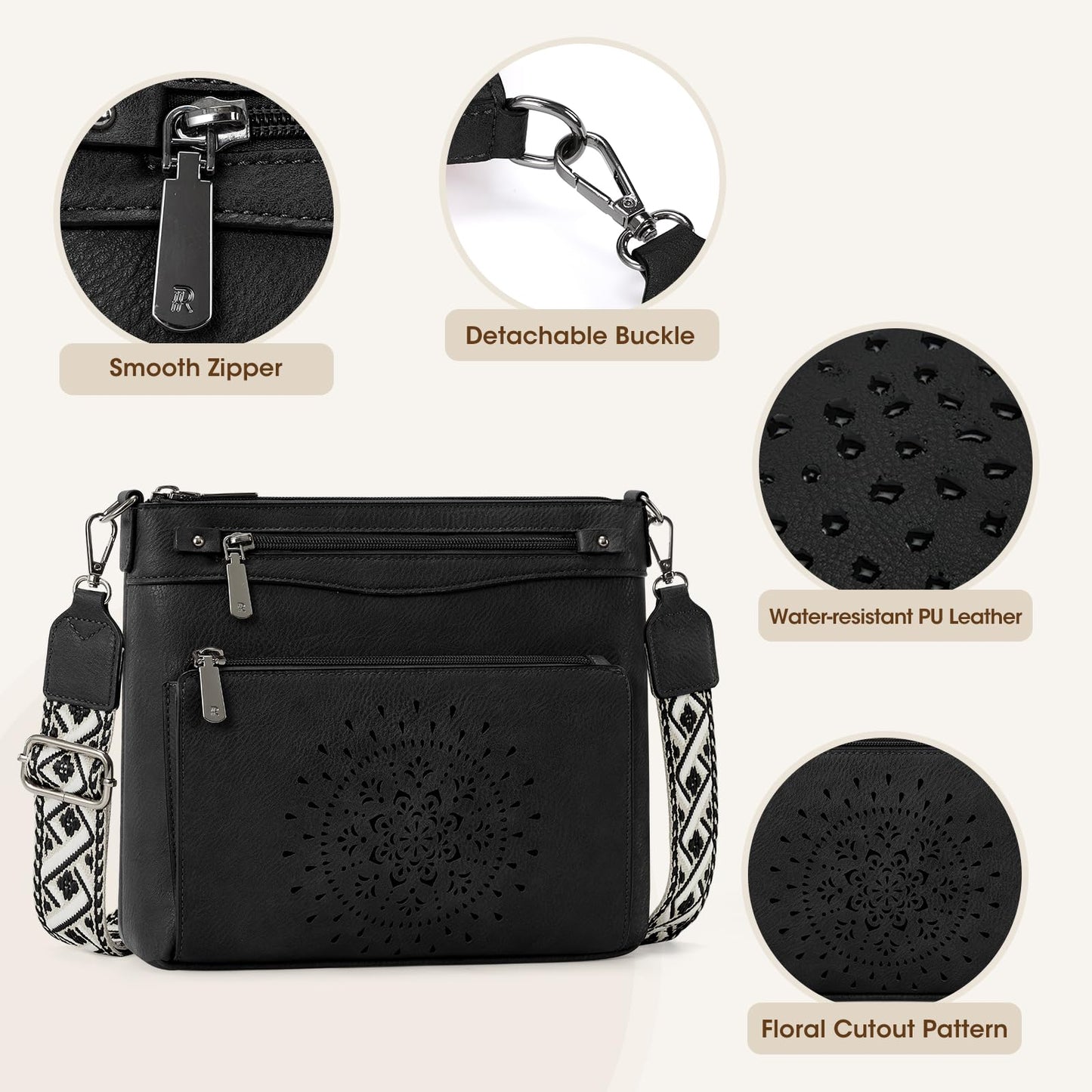 RAINSMORE Crossbody Bags for Women Leather Medium Crossbody Purse with Card Slots & Adjustable Strap Water-Resistant Womens Shoulder Handbag for Work Travel, Black