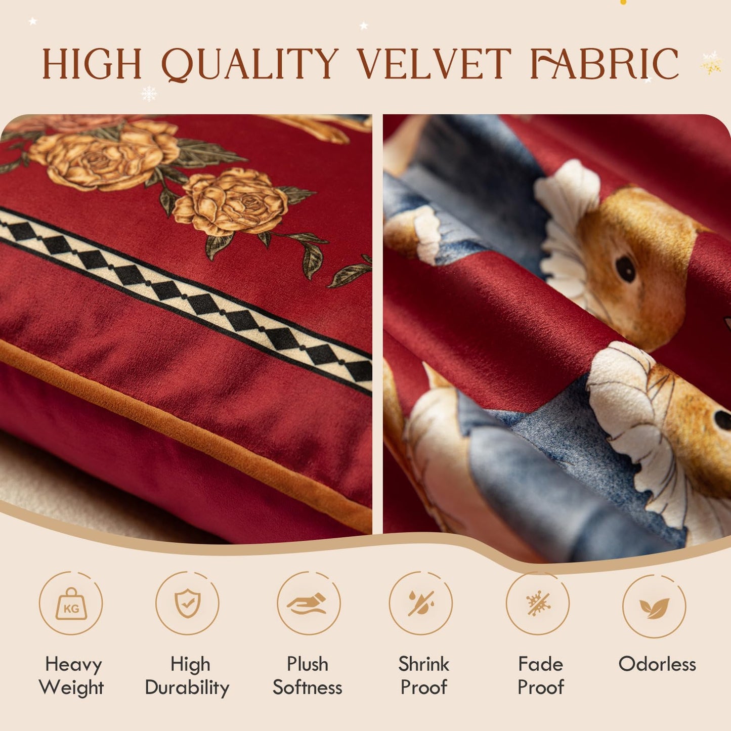 Livebee Bunny Floral Red Pillow Cover Decorations, Velvet Euro Sham Covers Decorative Throw Pillow Covers 18x18 for Couch Sofa Bed Home Decor