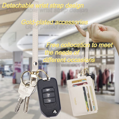 Women Slim Rfid Blocking Credit Card Case Holder Wristlet Zip ID Case Wallet Small Compact Leather Wallet Coin Purse with Keychain (Beige)