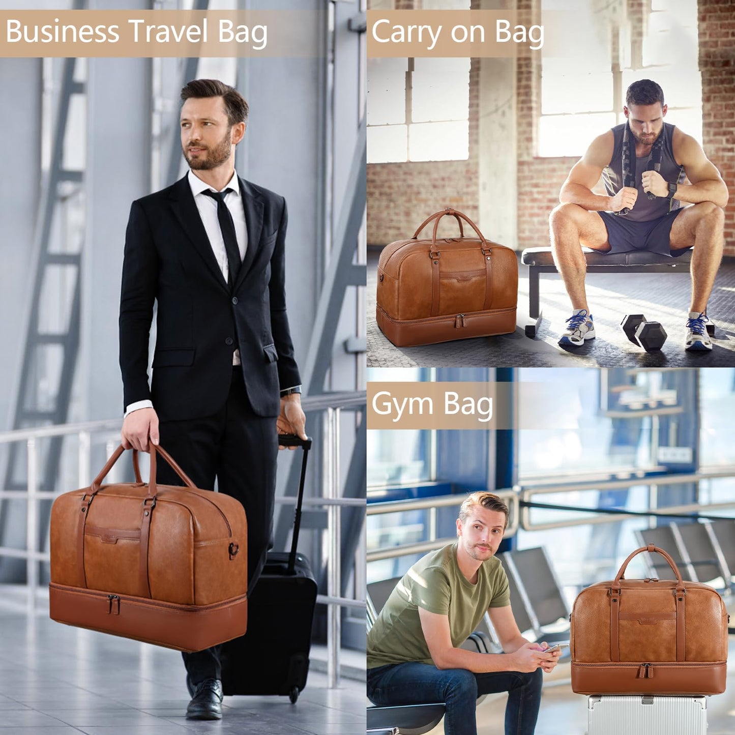 Wogarl Weekender Bag for Women: 4PCS Faux Leather Large Overnight Travel Duffel with Shoe Compartment & Toiletry Satchel Bags Carry On Duffle Fit 21" Laptop (Light Brown)
