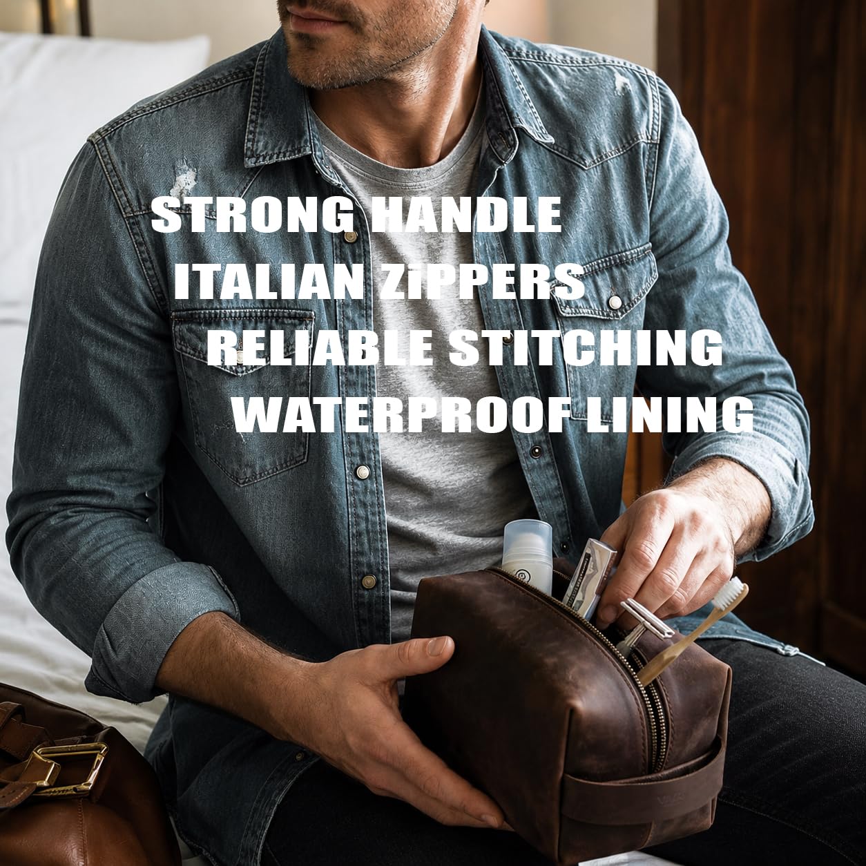 Mens Leather Toiletry Bag – Dopp Kit Handmade in USA – Full Grain Leather Organizer Bag with Waterproof Lining for Travel, Toiletries, Shaving Kit – Gifts for Men, Husband, Dad, Boyfriend