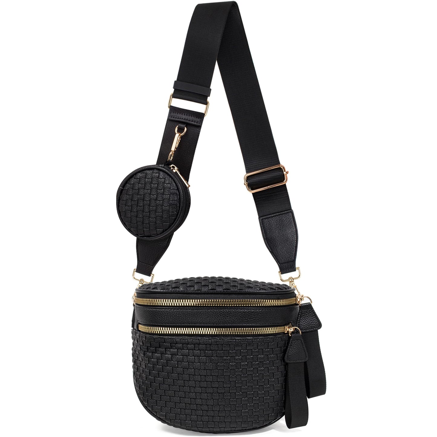 Valentoria Large Woven Leather Crossbody Bags for Women Bum Bag Sling Bag Purse With Adjustable Strap Detachable Wallets Must Haves Cross body Bag (Black Checkered)