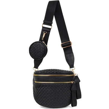 Valentoria Large Woven Leather Crossbody Bags for Women Bum Bag Sling Bag Purse With Adjustable Strap Detachable Wallets Must Haves Cross body Bag (Black Checkered)