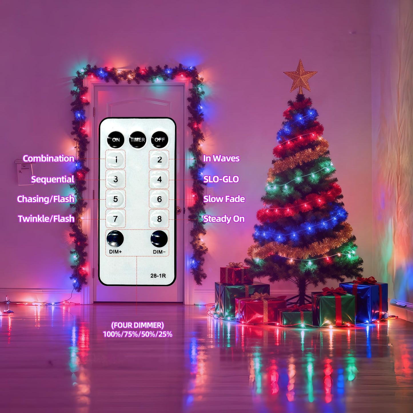 AHAWILL String Lights for Christmas Decor,LED RGB Classroom Lights, Waterproof Fairy Lights Indoor for Christmas Decor,Dimmable,8 Modes,Valentine's Day Home Decorations (83ft)