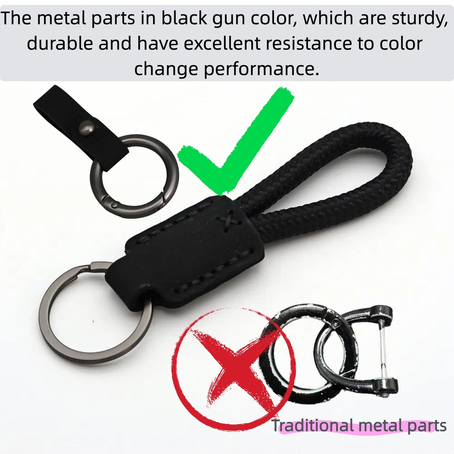 FQJOYL Leather Keychain for Car Keys - Genuine Cowhide Key Fob Holder with Braided Rope Loop, Anti-Scratch Belt & Gunmetal O-Ring, Silent Minimalist Key Chain for Women & Men, Gift for Her & Him