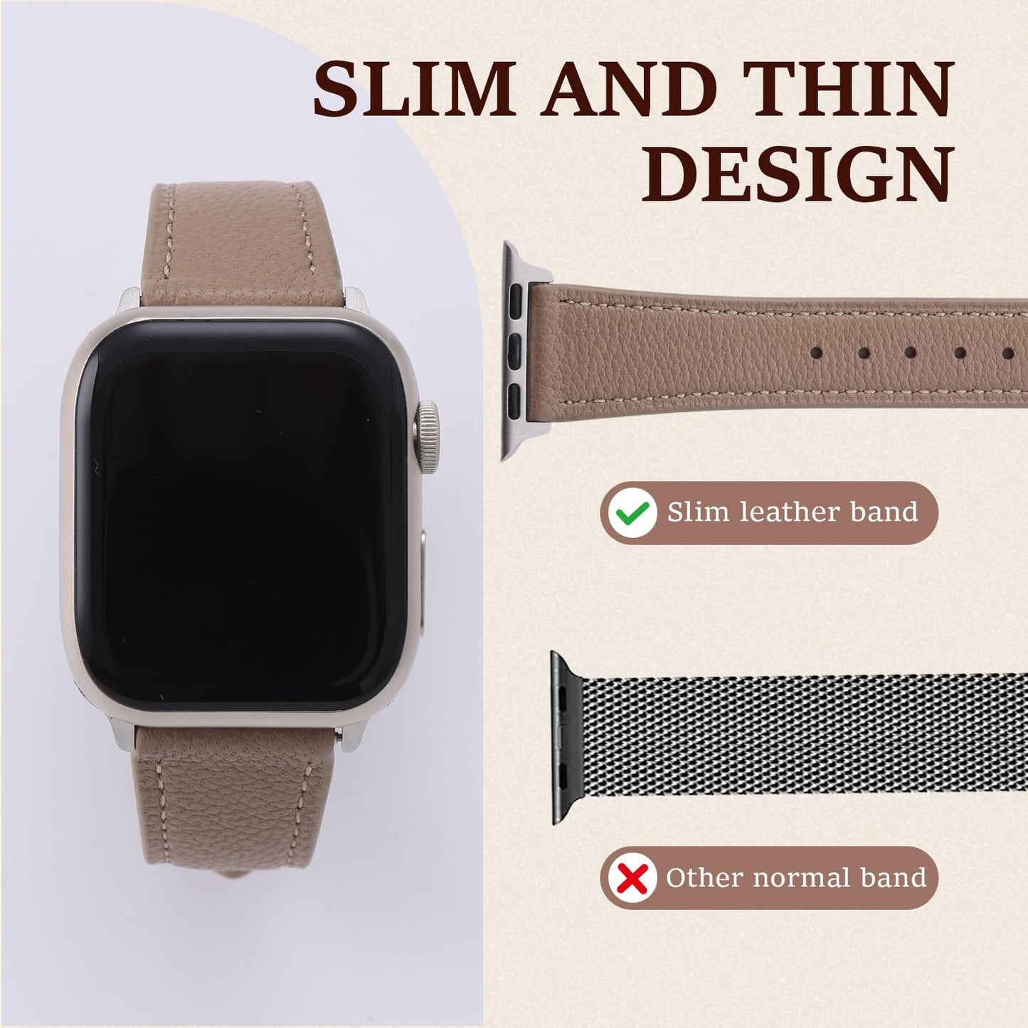 Premium French Goatskin Women's Soft Leather Band Compatible with Apple Watch Band 38mm 40mm 41mm 42mm 44mm 45mm 46mm 49mm, Thin Slim Leather Strap for iWatch Series Ultra SE11 10 9 8 7 6 5 4 3 2 1