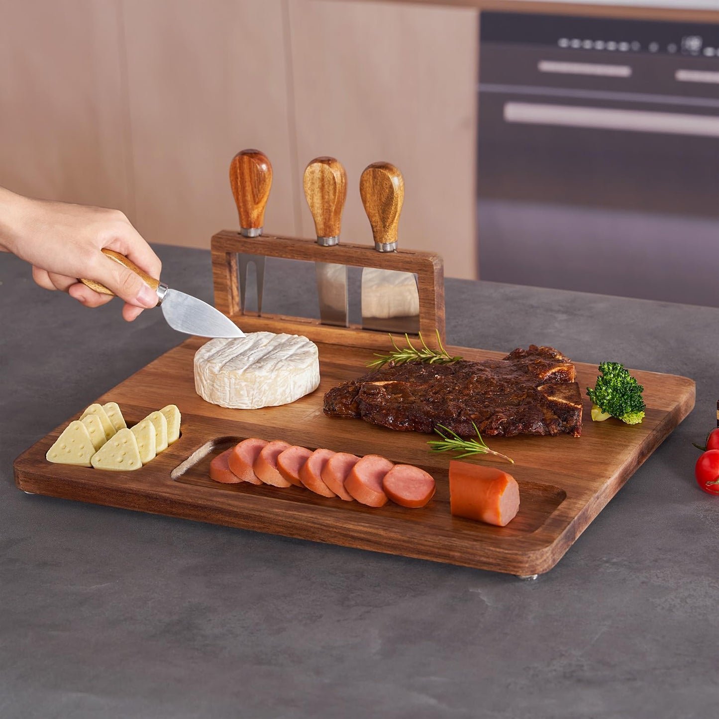 LITY Acacia Wood Charcuterie Board, Cheese Board Set with Magnetic Knife Holder, 14"x 11" Large Serving Tray for Meat, Ideal Gift for Anniversary, Christmas, Thanksgiving, Wedding, Halloween