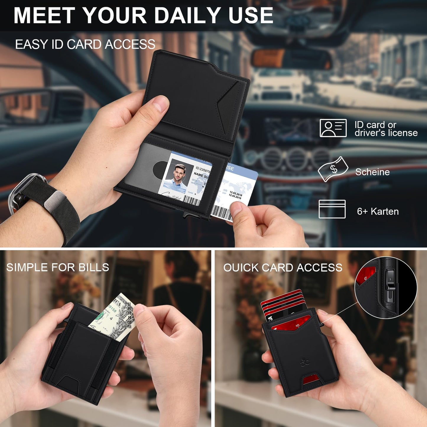 Wallet for Men Wallet with Slim Pop Up Card Holder 9-13 Cards, Bifold Minimalist Smart Wallet RFID Blocking Credit Card Holder with ID Window & Stretchable Cash Slot Compact Metal Aluminum Card Case