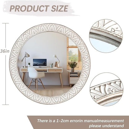 Rustic Round Wood 36 Inch Farmhouse Mirror, Wall Mount, Framed, White, Flower White, Modern & Rustic Style, Decorative Wall Mirror for Living Room, Bedroom, Entryway, Bathroom