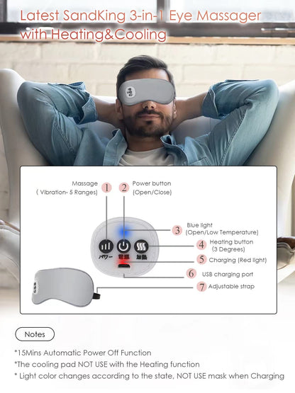 SandKing Cordless Heated Eye Massager with Cooling Eye Pad, Vibrating Heating Sleeping Mask for Men Women Kids -USB Charing Heated Eye Mask Electric for Dry Eyes, Relax,Travel (Blue)