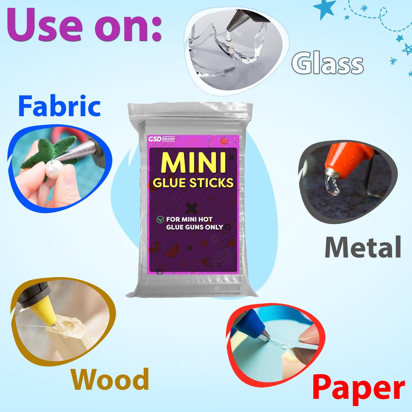 GSD Brand Mini Hot Glue Sticks for Glue Gun - 4 Inch x 0.27 Inch (7mm) - Small Clear Sticks Bulk - Ideal for Craft Projects - Bonds to Wood, Glass, Metal, Paper and More - 200 Pack