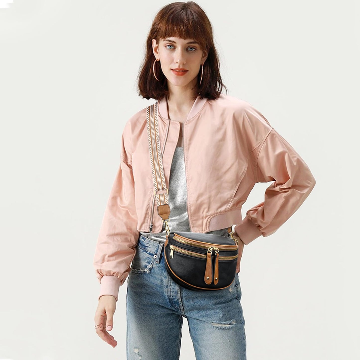 KKXIU Crossbody Sling Bag for Women Trendy Fanny Pack Vegan Leather Chest Bag(Black)
