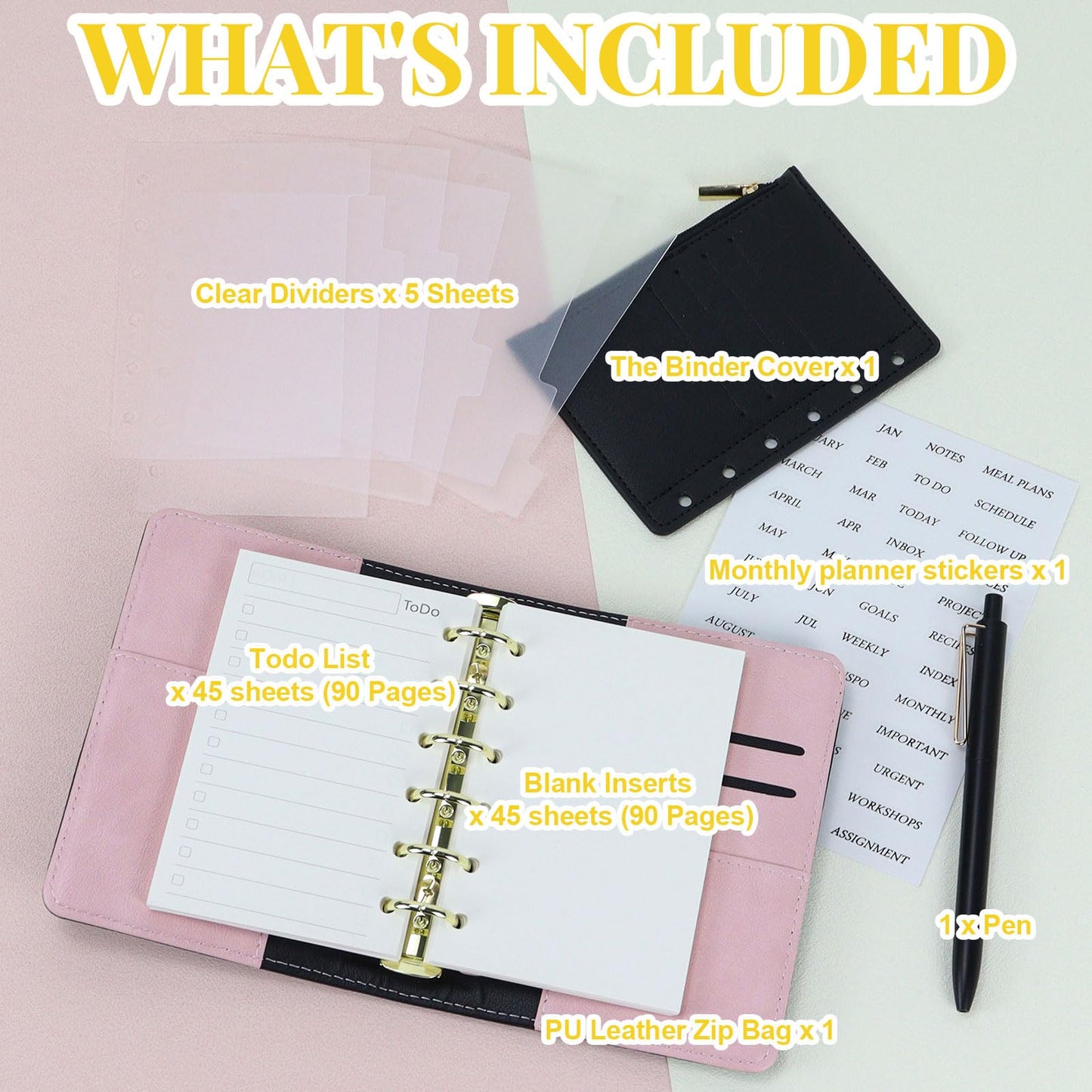 Koqye A7 Refillable Planner Small Binder Notebook 6 Ring, Portable PU Leather Organizer with Zippered Pocket, To-Do & Blank Refill Papers, Dividers, Monthly Sticker, Pen, for Students, Professionals, Travel (Black & Pink)