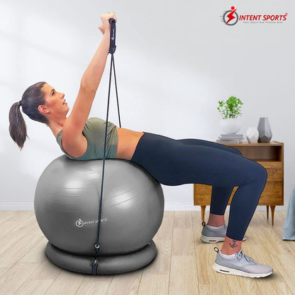INTENT SPORTS Yoga Ball Chair – Stability Ball with Inflatable Stability Base & Resistance Bands, Fitness Ball for Home Gym, Office, Improves Back Pain, Core, Posture & Balance (65 Cm)