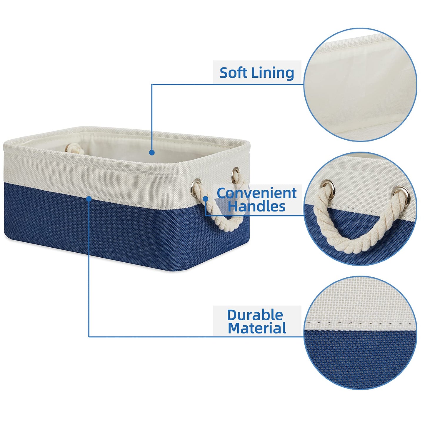 Temary Small Storage Baskets for Shelves, 6 Pcs Empty Gift Baskets for Organizing Clothes, Books, Fabric Storage Bins with Rope Handles (White&Blue,11.8 L x 7.9 W x 5.3 H inches)