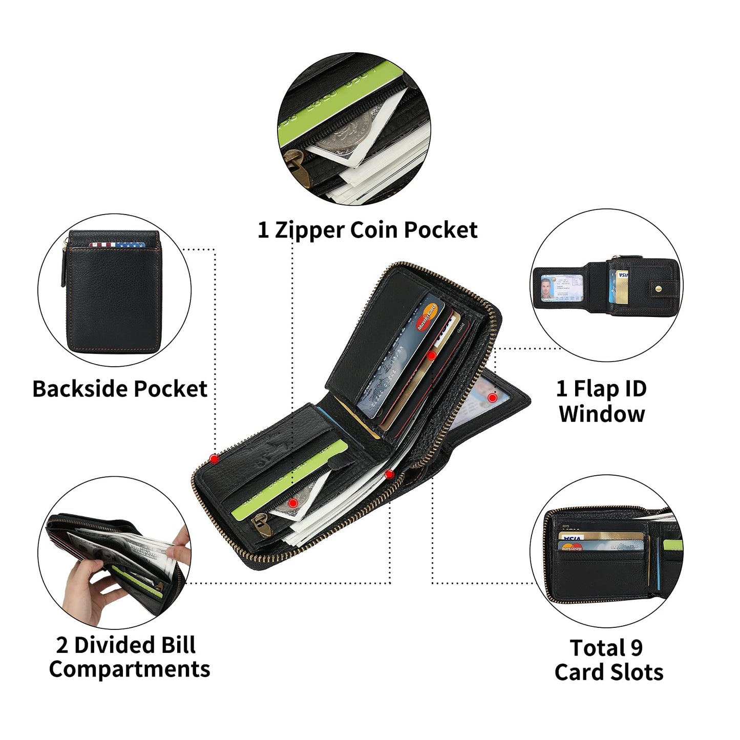 Zipper Wallet Men RFID Blocking Leather Bifold Wallets For Men - Flap ID Window Zip Coin Pocket Mens Zipper Wallets - Big Capacity Credit Card Travel Wallet (Black)