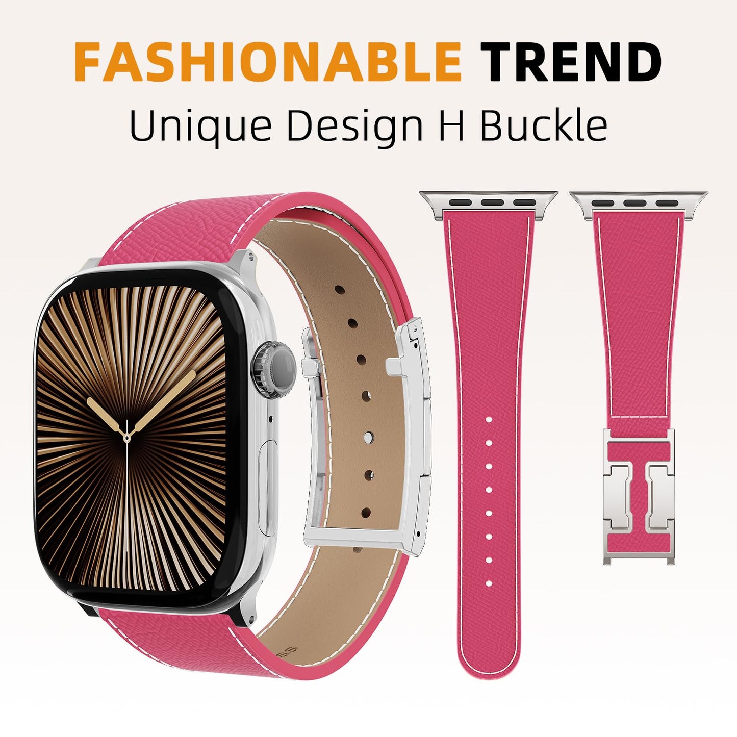 Leather Band Compatible with Apple Watch 49mm46mm45mm44mm42mm41mm 40mm38mm,Stylish Magnetic H Buckle Strap for iWatch Ultra 2/1/SE/Series 10/9/8/7/6/5/4/3/2/1 Women Men (Pink Band+Silver H Buckle, 38mm40mm41mm42mm)