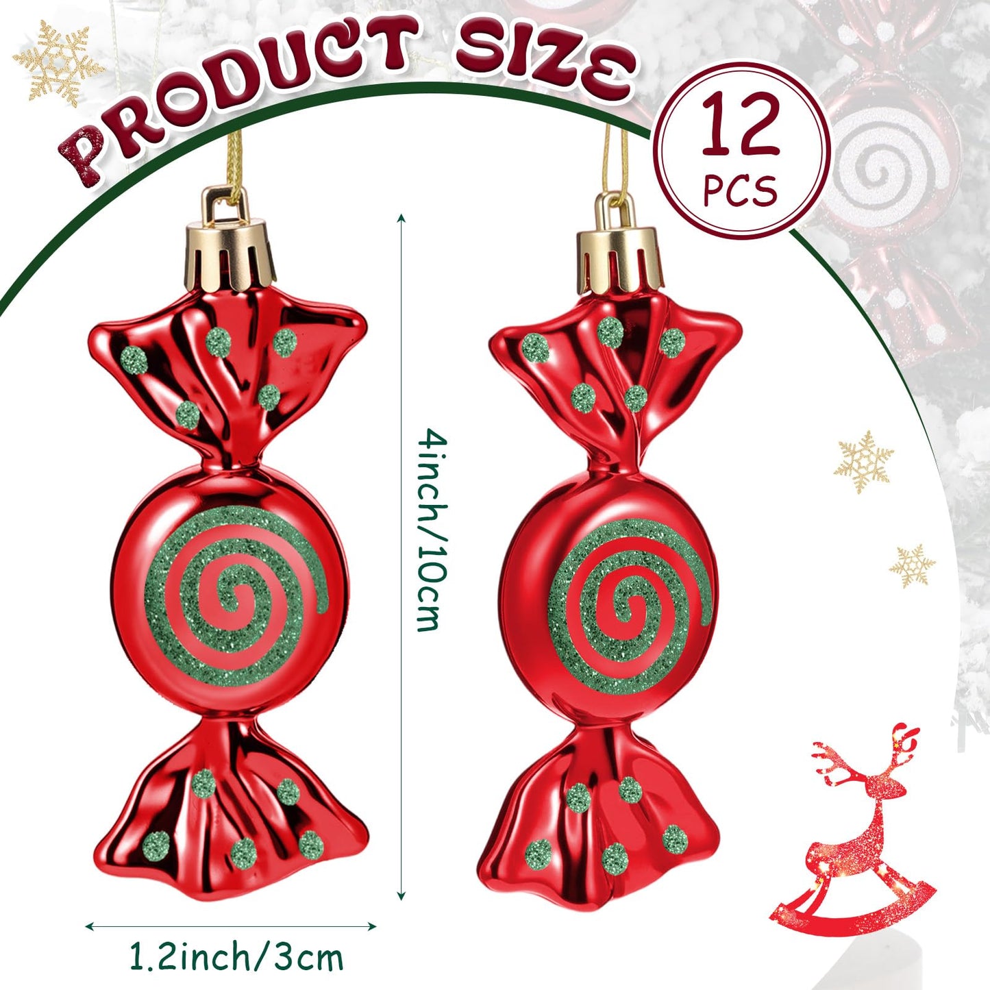 Threan 12 Pcs Christmas Candy Ornaments for Tree Decoration Hanging Glitter Candy Cane Christmas Peppermint Ornament with Golden Rope for Xmas Holiday Decoration(Red, Glitter Green,Plastic)