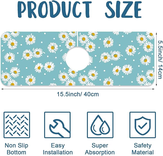 Cute Daisy Sink Faucet Absorbing Mat White Daisies Super Absorbent Fast Drying