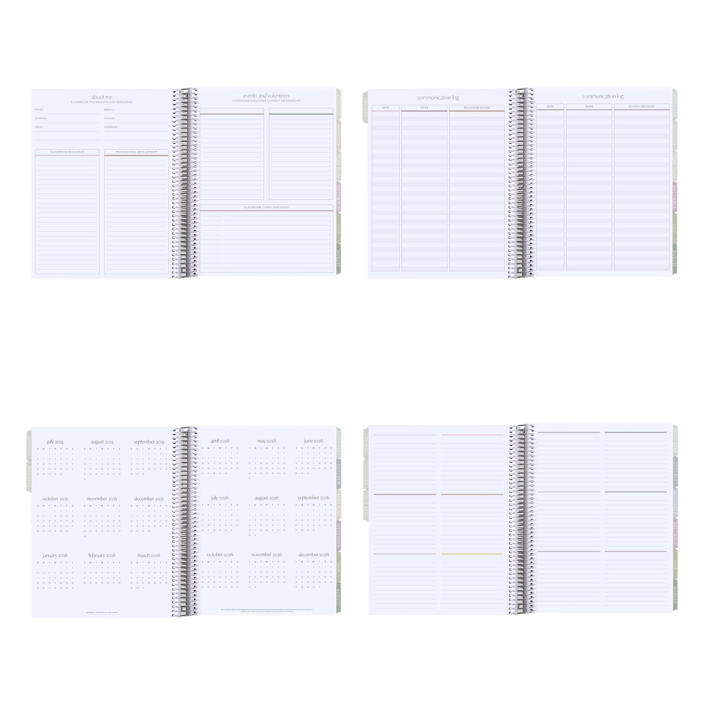 8.5x11 Coiled Teacher Lesson Planner (January 2026 - December 2026) - Teach classic cover, vertical layout, Pastel Minimal theme, platinum coil