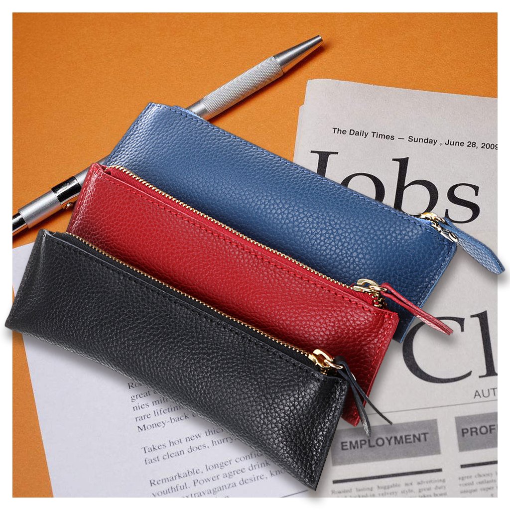 BTSKY Genuine Leather Pencil Case - Zippered Pen Case Stationery Bag Zipper Pouch Pencil Holder (Red)