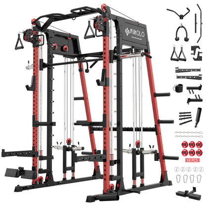 Mikolo M4 2.0 Ultra Smith Machine with Aluminum Pulles, All-in-One Home Gym Power Cage with LAT Pulldown & Cable Crossover, Squat Rack for Full Body Workouts (Red)