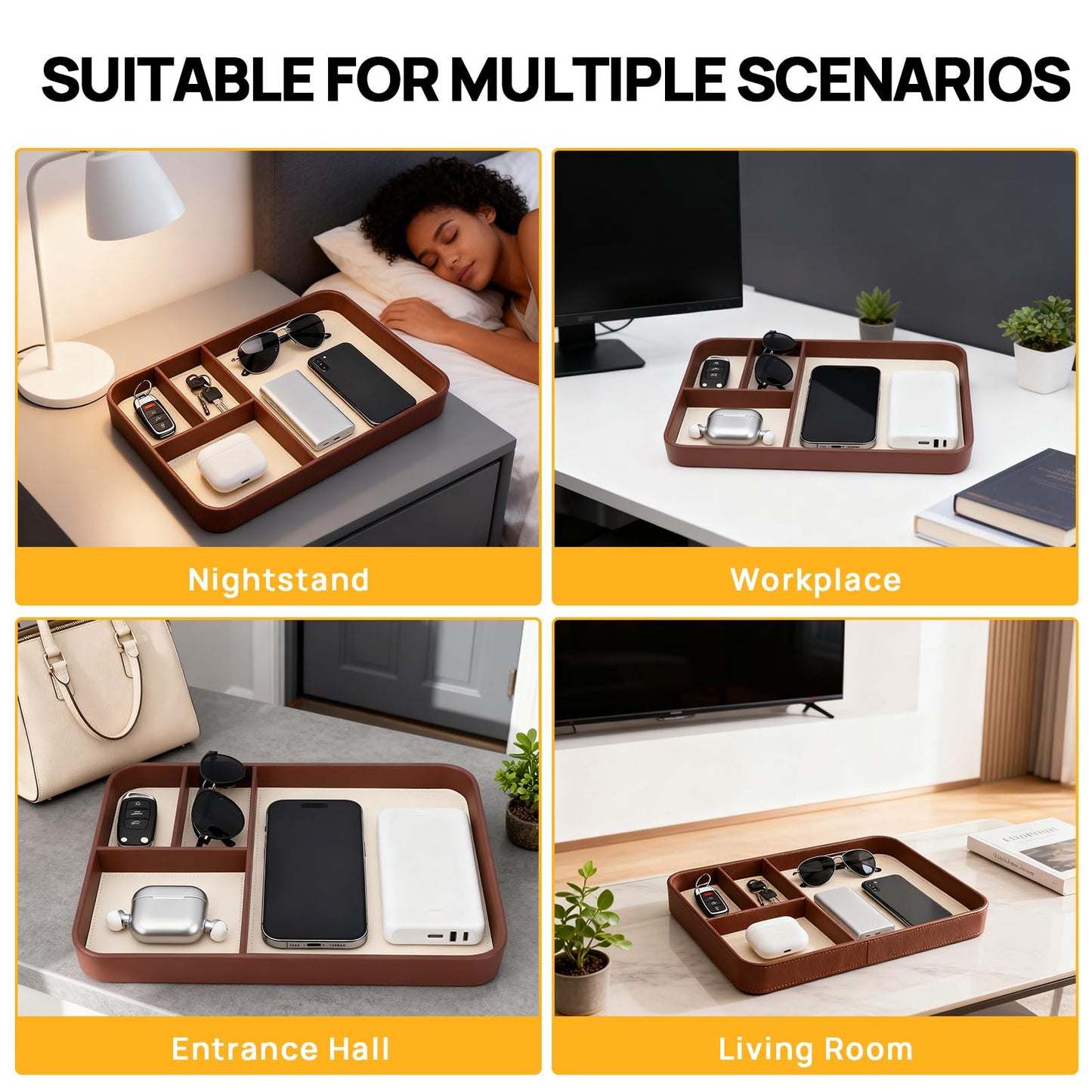 exsulity Leather Valet Tray, Stylish and Organized Multifunctional Tray, Nightstand & Desk Organizer, EDC Catchall for Keys Watch Jewelry Bedside Table Organizer