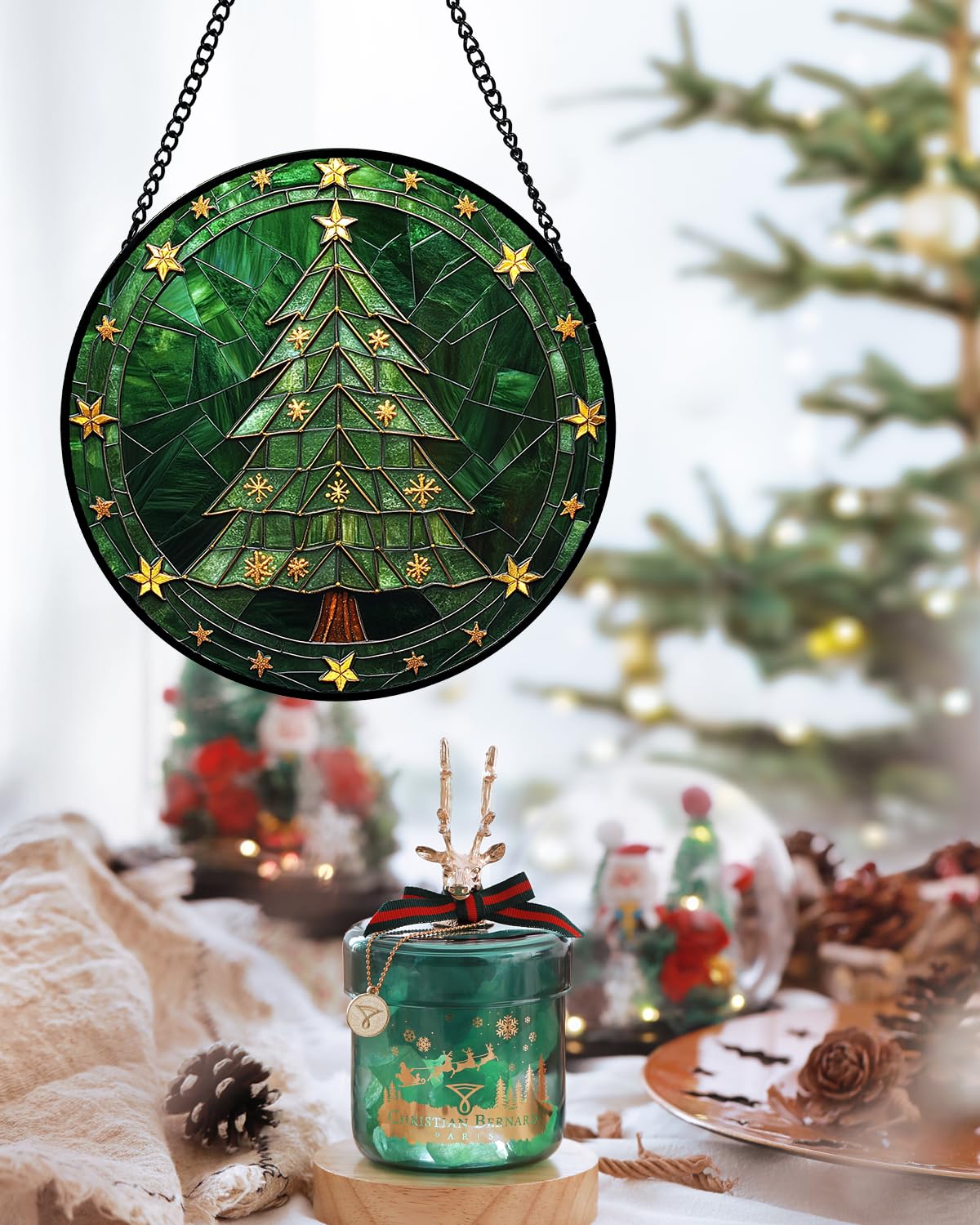 Stained Glass Window Hanging - Green Christmas Tree with Golden Stars Suncatcher for Doors Home Christmas Decoration Sun Catcher Thanksgiving New Year Birthday Gifts for Women Men Mom Nana 9.8 in