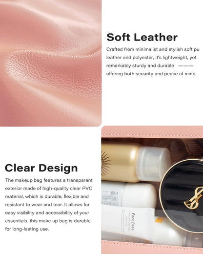 LETGO 2Pack Clear Makeup Bags Set, Small Clear Makeup Bag, PU Leather Travel Makeup Brush Case Portable Transparent Waterproof Cosmetic Organizer Pouch with Zipper for Women(2Pack-White Set)