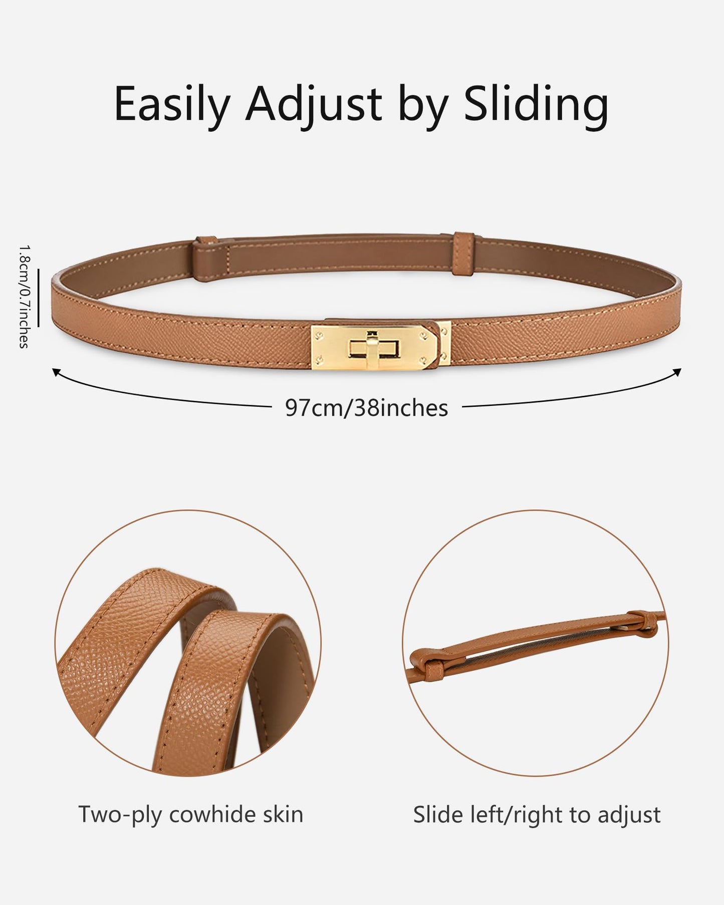 ANHAISHUILV Women's Skinny Leather Belt with Adjustable Golden Turn-Lock Buckle - Ideal for Dresses, Jeans, and Coats, Caramel Black