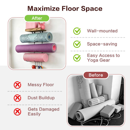 VINAEMO Yoga Mat Holder Accessories Wall Mount Organizer Storage Decor Foam Roller and Towel Storage Rack with 4 Hooks and Wooden Shelves Yoga Mats Rack Resistance Bands for Home Gym School Office