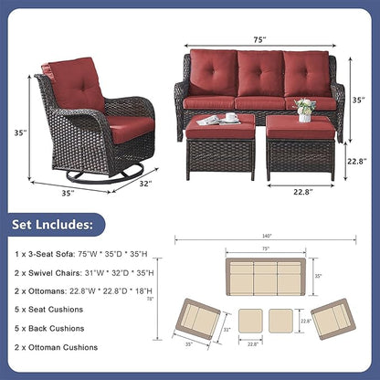 Rilyson Wicker Patio Furniture Set - 5 Piece Rattan Outdoor Sectional Conversation Sets with 2 Rocking Swivel Chairs,2 Ottomans and 1 Sofa for Porch Deck Garden(Brown/Red)