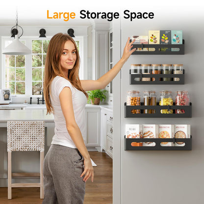 4 Pack Magnetic Spice Rack for Refrigerator, Spice Rack Organizer, Moveable Magnetic Shelf Fridge Organizer with 4 Hooks for Kitchen and Oven Organization, Black