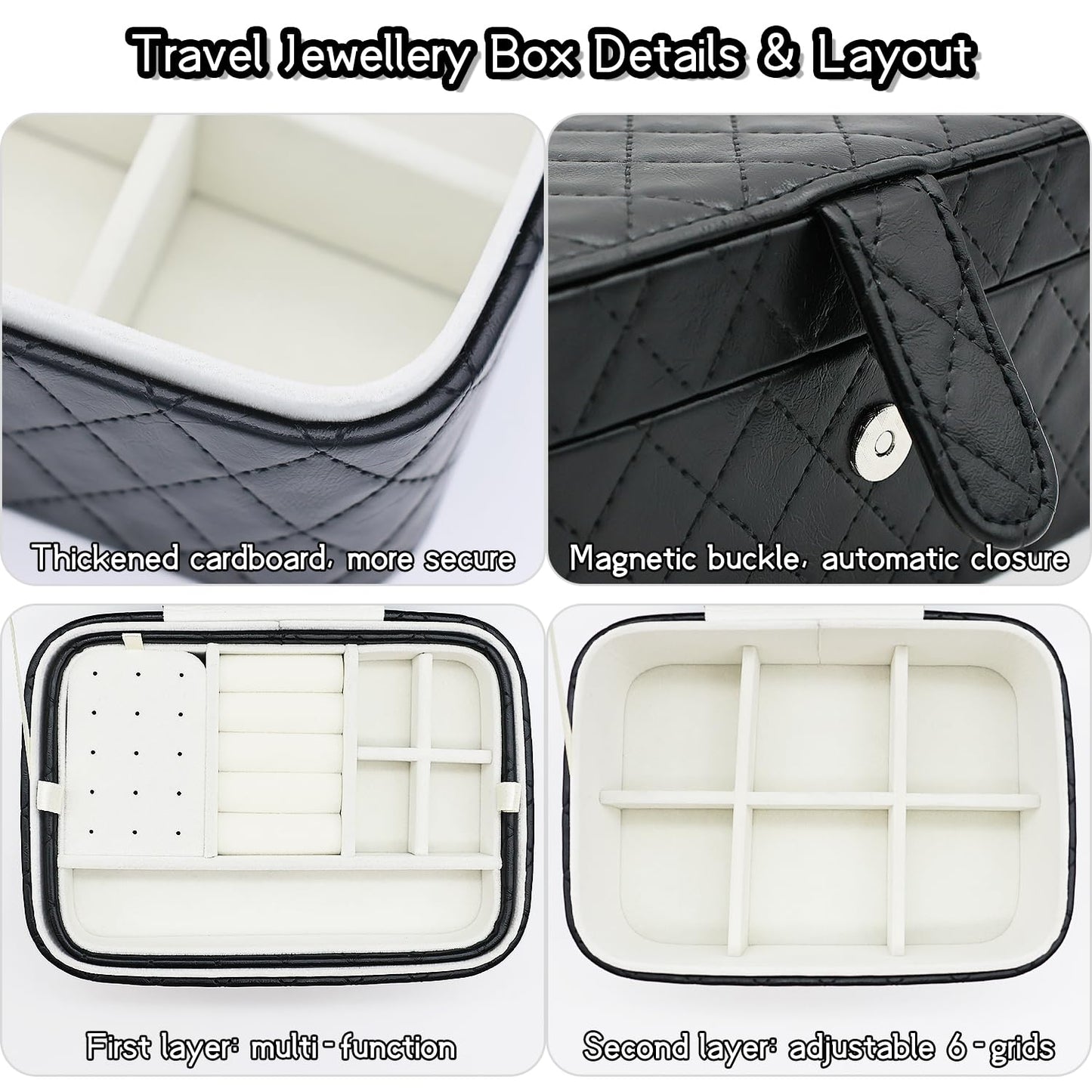 Cuifdem Jewelry Travel Case, 2-Layer Jewelry Box Organizer Medium Jewelry Travel Box, Portable Faux Leather Jewellery Storage Boxes with Argyle for Women, Daily Jewellery Case Home Use (Pure black)