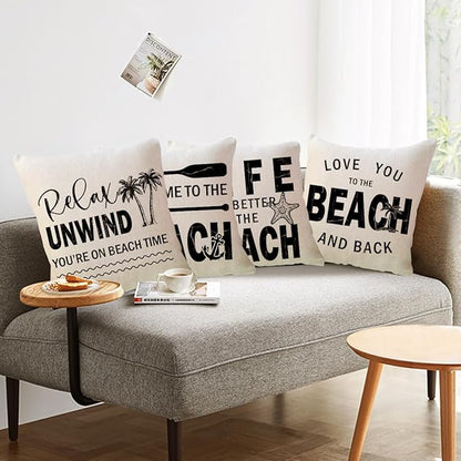 ULOVE LOVE YOURSELF Coastal Beach Throw Cushion Covers Double-Sided Tropical Palm Paddles Anchor Starfish Summer Beach House Decorative Pillowcase 18 x 18 Inch 4Pack Porch Patio Decor (Black)