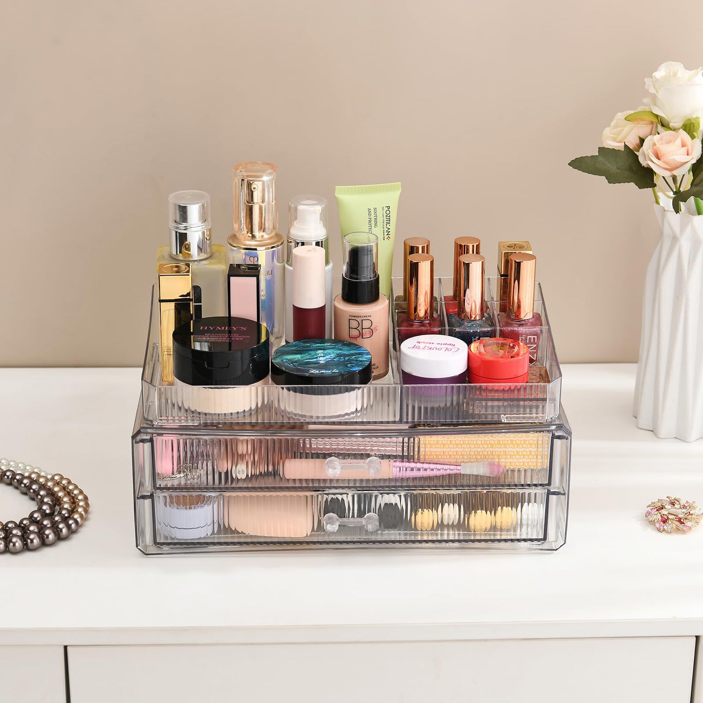 ZHIAI stackable storage drawers, acrylic storage rack, cosmetics and beauty products organizer, suitable for makeup room, bathroom, pantry, home bedroom storage