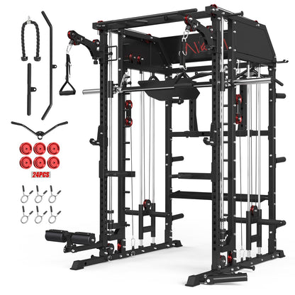 Mikolo Smith Machine, Multi-Function Power Cage with Dual Pulley System, Vertical Leg Press Attachment, Squat Rack Power Rack with More Training Attachment for Home Gym (M10 with Pivot Arm)