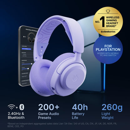 SteelSeries Arctis Nova 3P Wireless Multi-Platform Gaming Headset — Mobile App Control — 40 HR Battery — Neodymium Magnetic Drivers — 2.4GHz/Bluetooth — PS5, PS4, PC, Switch, Mobile — Lavender