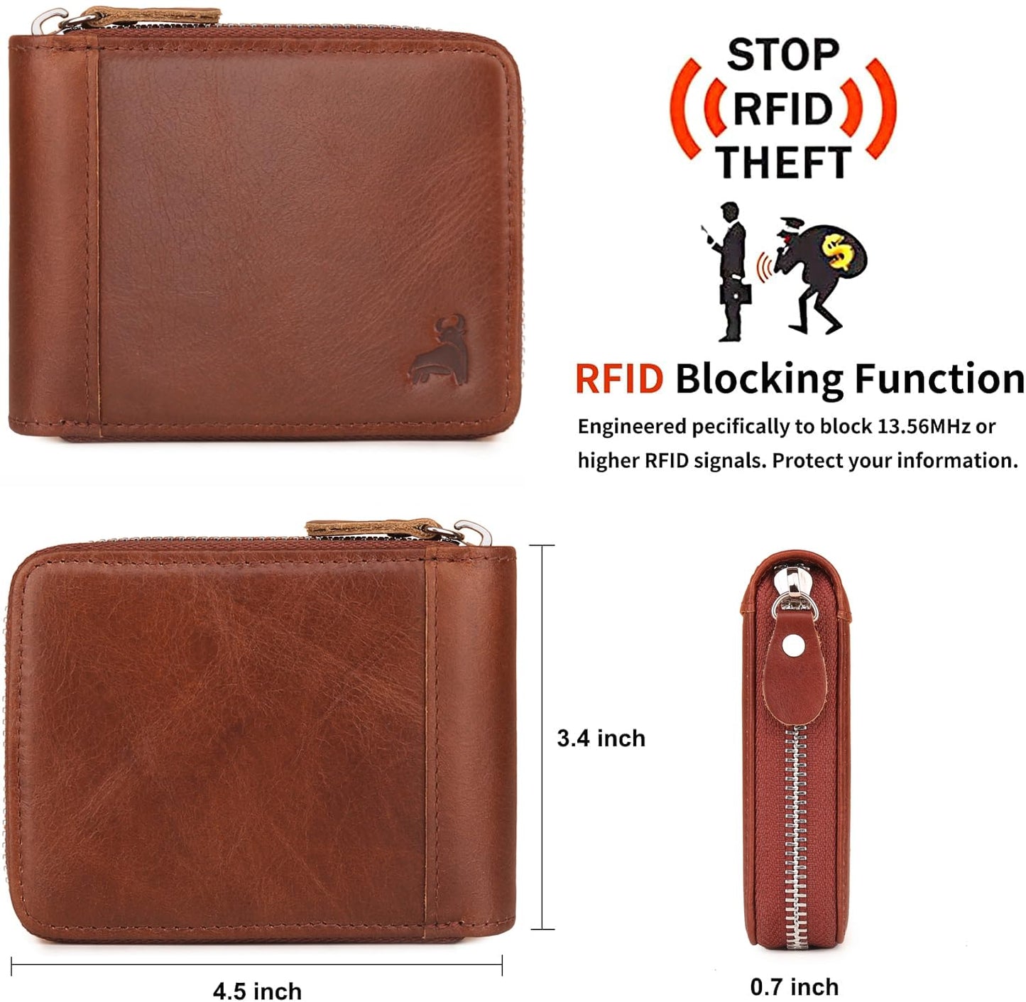 CALFART Slim Zipper Wallets For Men RFID Leather Mens Bifold Creidt Card Holder Zip Around Wallet With Coin Pocket