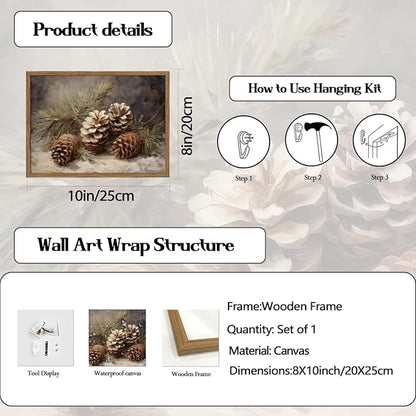 Framed Vintage Christmas Canvas Wall Art, Pine Cones Wall Decor Paintings, Winter Holiday Aesthetic Pictures Prints Rustic Home Decor for Living Room Bedroom Farmhouse 8×10 inch