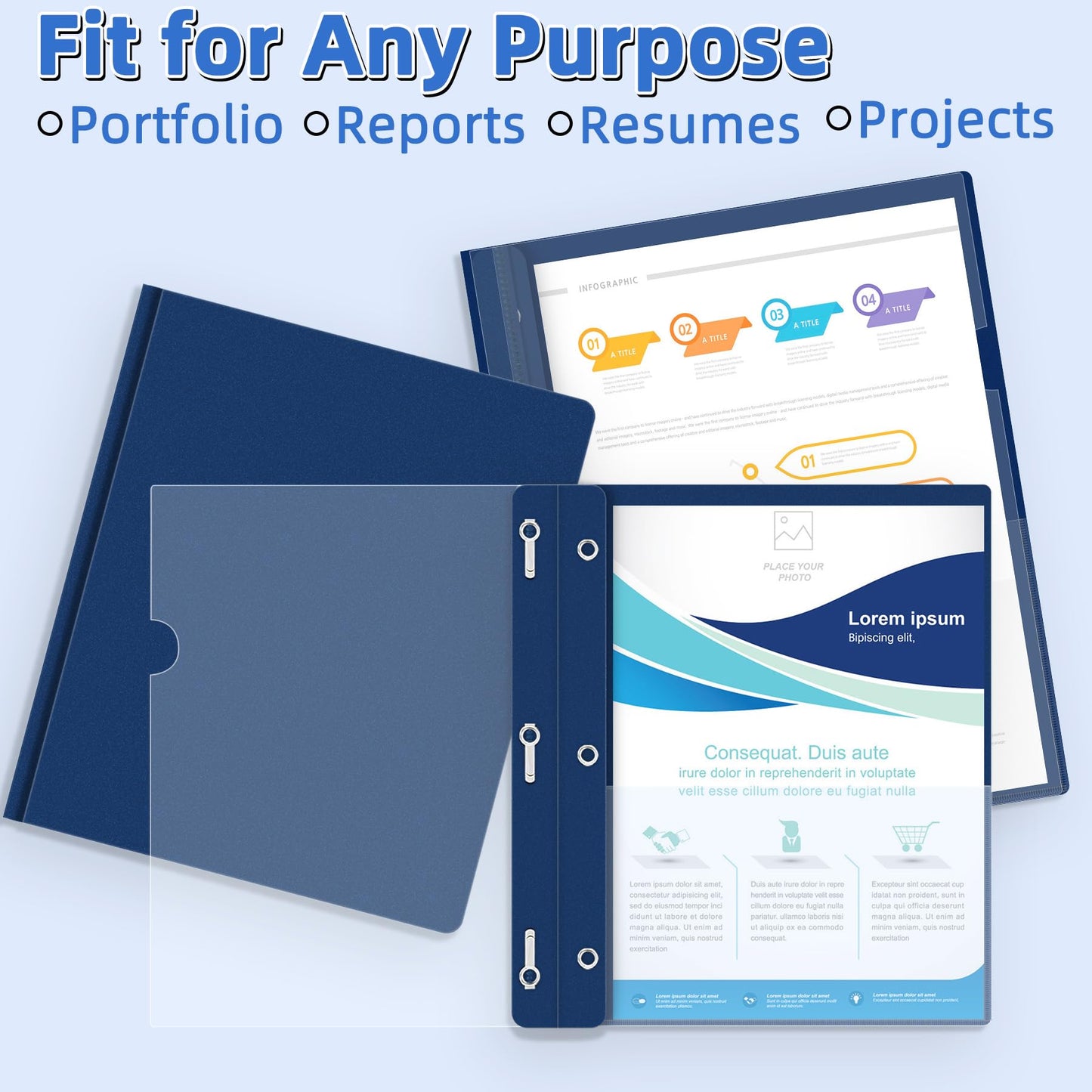 HAUTOCO 30 Pack Plastic Report Covers with 3-Prong Fasteners Clear Front Presentation Folders Resume Folders for 8.5x11 Letter Size Paper, Document Report Cover for School Office Business, Navy Blue