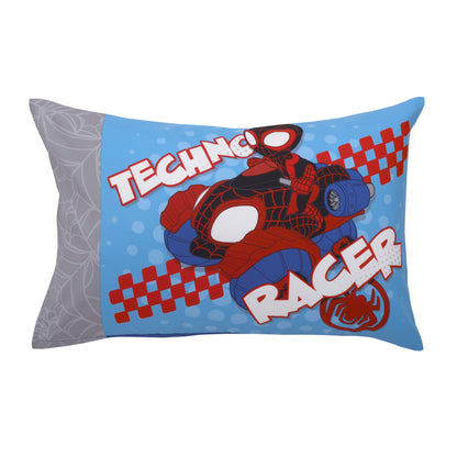 NoJo Marvel Spiderman Spidey and his Amazing Friends Spidey Time Red, Blue, and Grey 4 Piece Toddler Bed Set - Comforter, Fitted Bottom Sheet, Flat Top Sheet, and Reversible Pillowcase