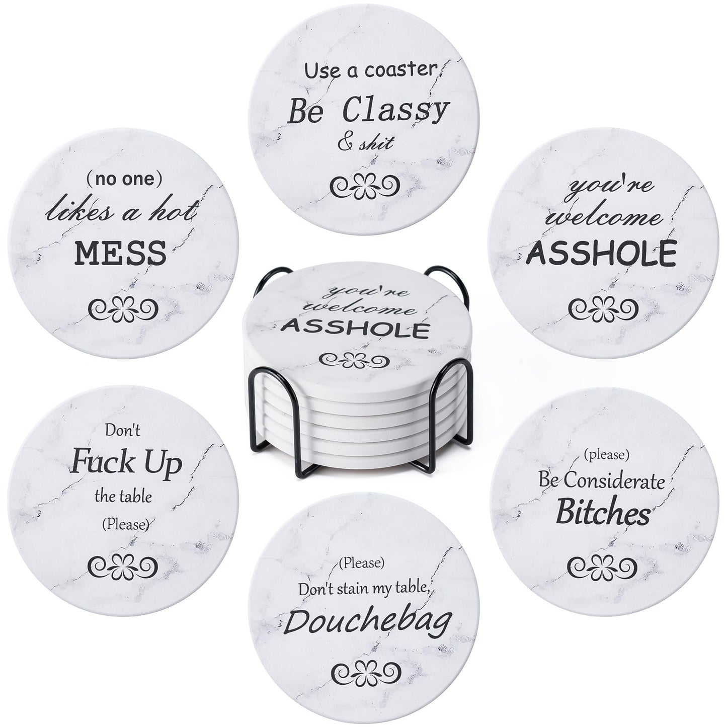 Hoewina 6Pcs Drink Coasters with Holder, Marble Style Ceramic Drink Coaster, Absorbent Coasters Set Suitable for Kinds of Cups, Modern Style Coasters for Coffee Table, 4 Inches（Style 10）