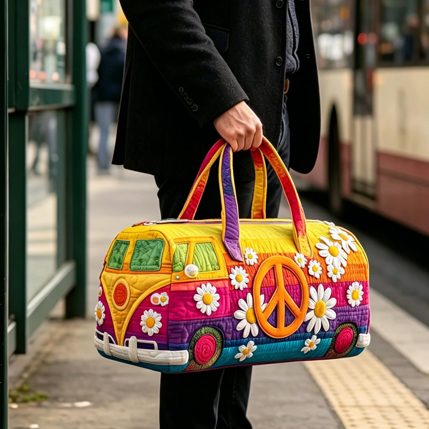 Hippie Bohemian Quilted Weekender Travel Bag, Multifunctional Tote Bags with Zipper Closure, Handmade Retro Book Duffle Bags for Party (#1 hippie bag)
