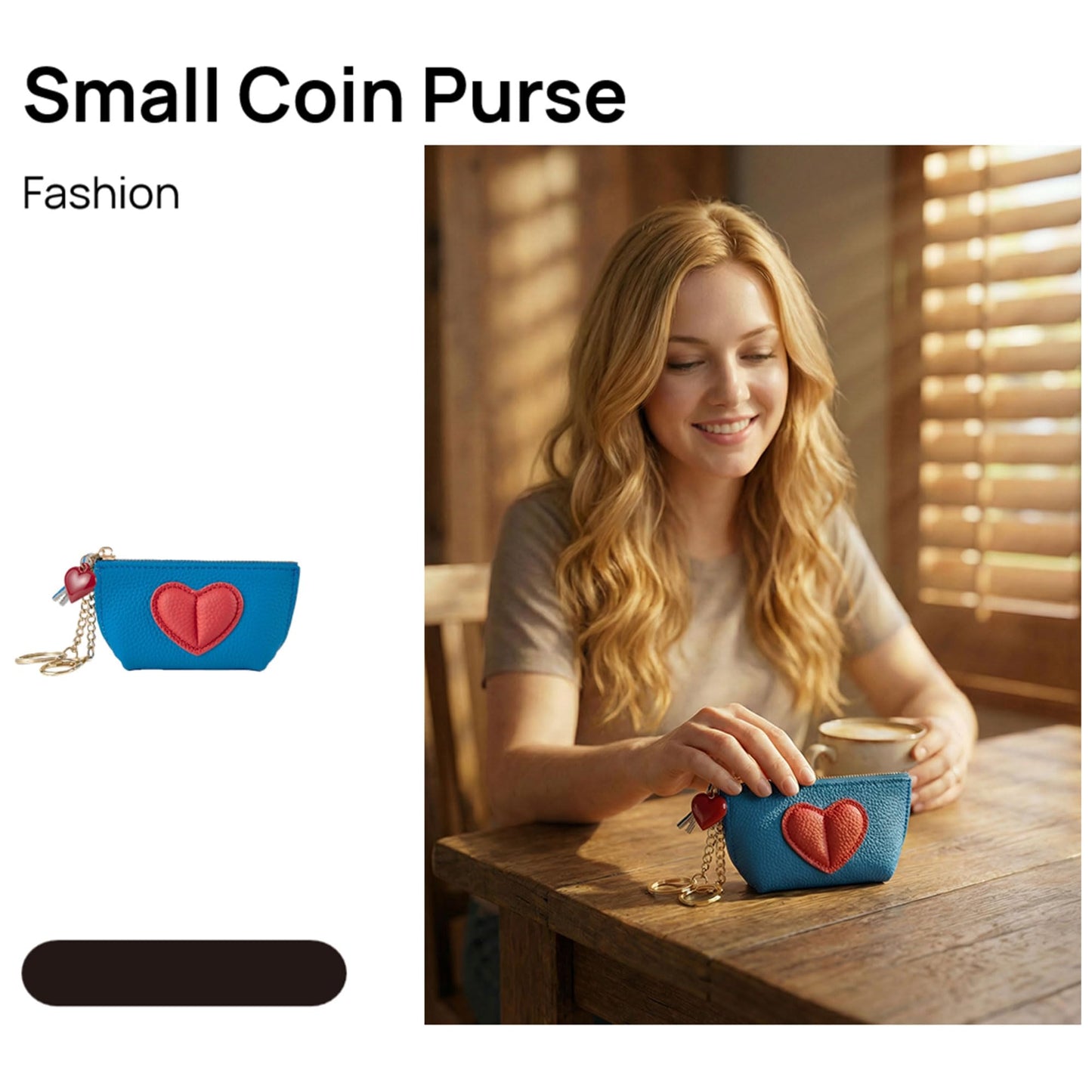 Red Heart Design Small Coin Purse - Cute Compact Keychain Change Purse Soft Leather Wallet with Zipper for Women (Blue)