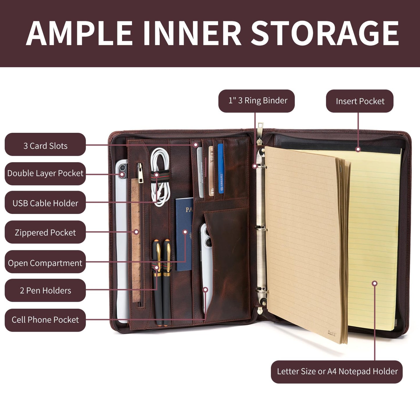 Geslun 3 Ring Binder Genuine Leather Portfolio, Front Pocket, 8.5 x 11 Legal Pad Padfolio for Men and Women, Zippered Notepad Laptop Organizer, Business Executive Work Folio, Dark Brown, Oil Tanned