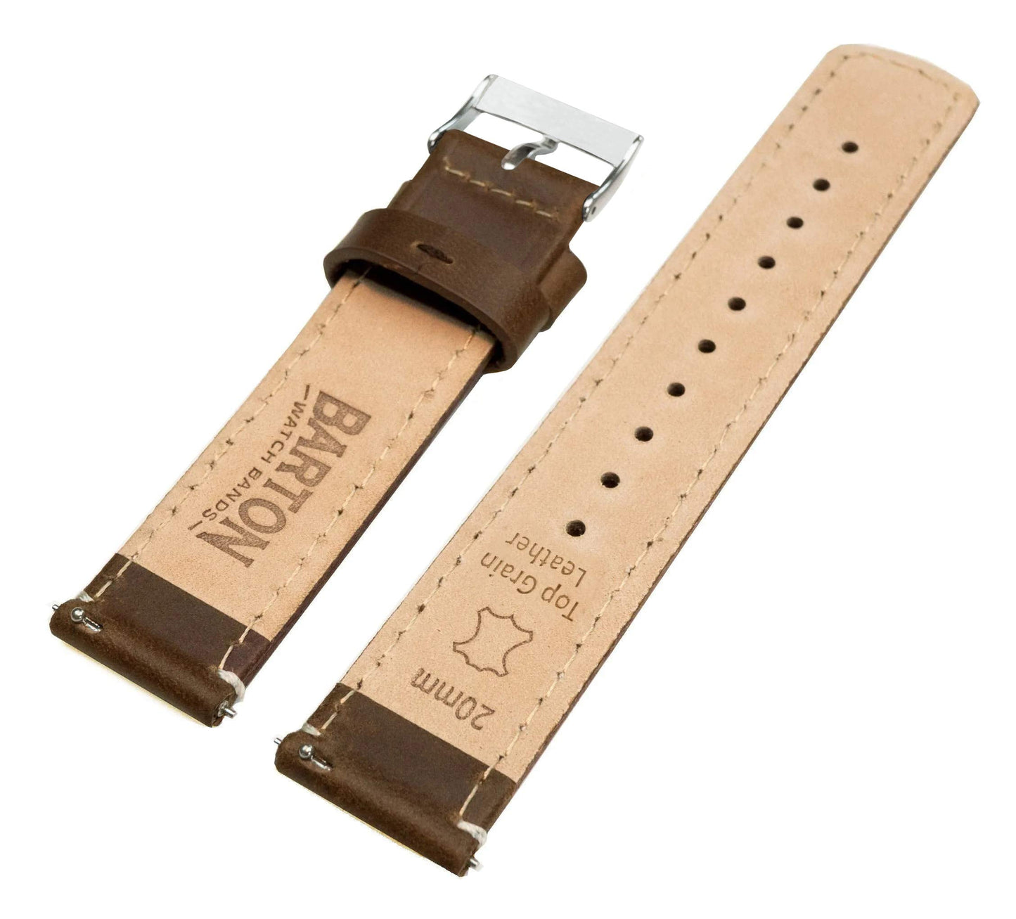 BARTON WATCH BANDS Quick Release Top Grain Leather Watch Band Strap, Saddle Leather/Linen White Stitching, 22mm