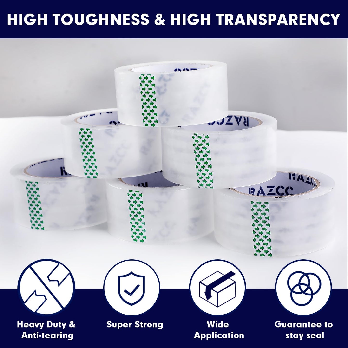 RAZCC Packing Tape, 18 Rolls Clear Heavy Duty Packaging Tape with Dispensers for Packing, Shipping, Moving and Mailing, Thicker Sealing Tape-1.88" x 65 Yards Per Roll, 1170 Total Yards