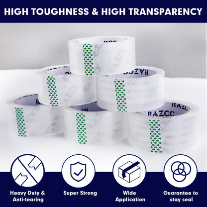 RAZCC Packing Tape, 18 Rolls Clear Heavy Duty Packaging Tape with Dispensers for Packing, Shipping, Moving and Mailing, Thicker Sealing Tape-1.88" x 65 Yards Per Roll, 1170 Total Yards